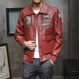 Red Leather Jacket PU Leather Coat for Men Lapel Embroidery Motorcycle Clothing Spring and Autumn
