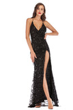 Women's Evening Gown V-neck Backless Slit Sling Gold Sequins Dress Long Dress