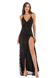 Women's Evening Gown V-neck Backless Slit Sling Gold Sequins Dress Long Dress