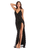 Women's Evening Gown V-neck Backless Slit Sling Gold Sequins Dress Long Dress