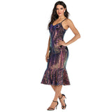 Women Evening Gown Sexy Sling Backless Sequins Dress