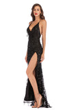 Women's Evening Gown V-neck Backless Slit Sling Gold Sequins Dress Long Dress