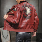 Red Leather Jacket PU Leather Coat for Men Lapel Embroidery Motorcycle Clothing Spring and Autumn