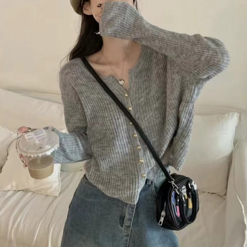 Women Knitted Cardigan Short Gray Spring and Autumn Sweater Coat