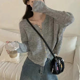 Women Knitted Cardigan Short Gray Spring and Autumn Sweater Coat