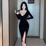 Women Maxi Dress Spring and Autumn Sexy V-neck Hip Dress