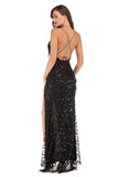 Women's Evening Gown V-neck Backless Slit Sling Gold Sequins Dress Long Dress