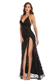 Women's Evening Gown V-neck Backless Slit Sling Gold Sequins Dress Long Dress