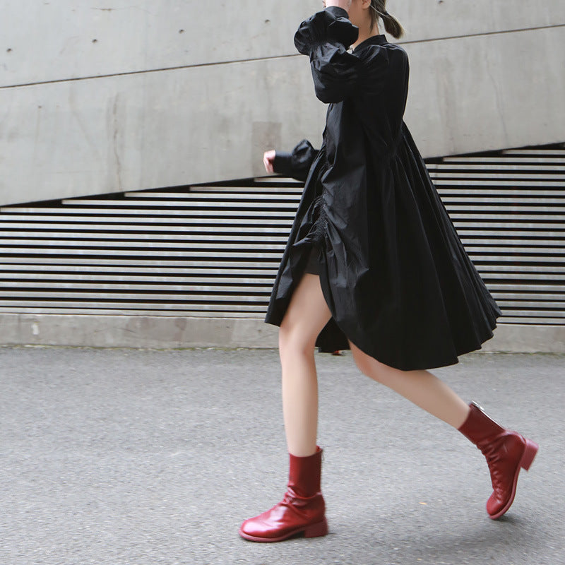 Women Dresses Loose Pleated Shirt Dress Stand Collar Lantern Long Sleeve Dress Women (Qymy0409)