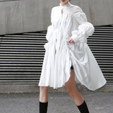 Women Dresses Loose Pleated Shirt Dress Stand Collar Lantern Long Sleeve Dress Women (Qymy0409)