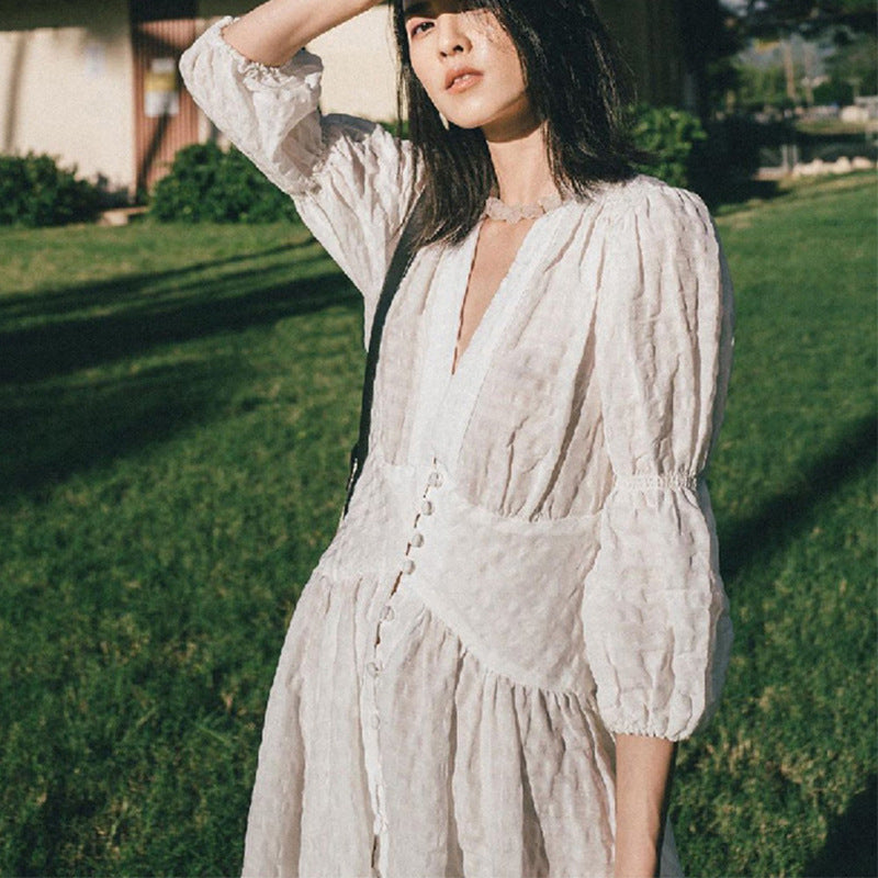 Women Dresses V-neck Puff Sleeve Dress (Qymy0409)