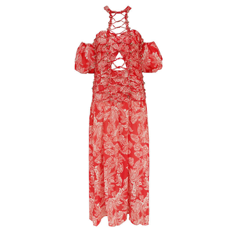 Women Dresses Sexy Cutout Women's Printed Wear Dress Summer Beaded off-the-Shoulder Chiffon Dress (Qymy0409)