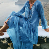 Women Dresses Spring Loose-Fitting V-neck Long Sleeves Dress (Qymy0409)