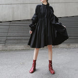 Women Dresses Loose Pleated Shirt Dress Stand Collar Lantern Long Sleeve Dress Women (Qymy0409)