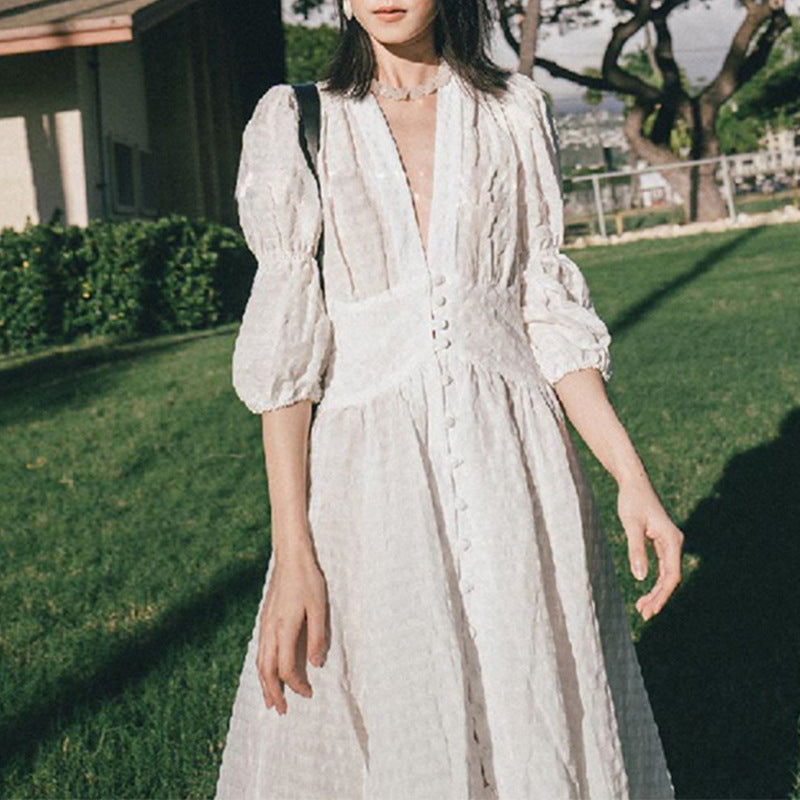 Women Dresses V-neck Puff Sleeve Dress (Qymy0409)