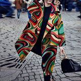 Women Trench Coat Fall and Winter Lapels Digital Printing Long Sleeve Pocket Coat Coat
