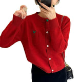 Women Knitted Cardigan Spring Cardigan Coat round Neck Love Embroidered Knitwear Top