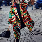Women Trench Coat Fall and Winter Lapels Digital Printing Long Sleeve Pocket Coat Coat