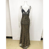 Women Evening Gown V-neck Black Golden Lattice Sequined Long Dress