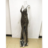 Women Evening Gown V-neck Black Golden Lattice Sequined Long Dress