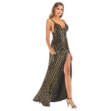 Women Evening Gown V-neck Black Golden Lattice Sequined Long Dress