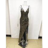 Women Evening Gown V-neck Black Golden Lattice Sequined Long Dress