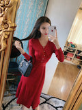 Women Maxi Dress Autumn Winter Sexy V-neck Knitted Dress