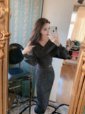 Women Maxi Dress Autumn and Winter Long-Sleeved Knitted V-neck Sexy Top Hip Skirt Knitted Two-Piece