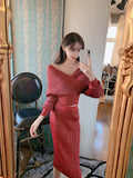 Women Maxi Dress Autumn and Winter Long-Sleeved Knitted V-neck Sexy Top Hip Skirt Knitted Two-Piece