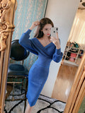 Women Maxi Dress Autumn and Winter Long-Sleeved Knitted V-neck Sexy Top Hip Skirt Knitted Two-Piece