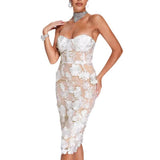 Women Evening Dress Elegant Lace Three-Dimensional Flower Sexy Dress Dress