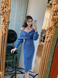 Women Maxi Dress Autumn and Winter Long-Sleeved Knitted V-neck Sexy Top Hip Skirt Knitted Two-Piece