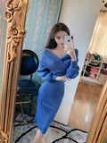 Women Maxi Dress Autumn and Winter Long-Sleeved Knitted V-neck Sexy Top Hip Skirt Knitted Two-Piece