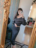 Women Maxi Dress Autumn and Winter Long-Sleeved Knitted V-neck Sexy Top Hip Skirt Knitted Two-Piece