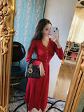 Women Maxi Dress Autumn Winter Sexy V-neck Knitted Dress