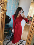 Women Maxi Dress Autumn Winter Sexy V-neck Knitted Dress