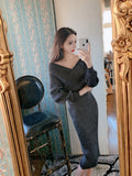 Women Maxi Dress Autumn and Winter Long-Sleeved Knitted V-neck Sexy Top Hip Skirt Knitted Two-Piece