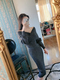 Women Maxi Dress Autumn and Winter Long-Sleeved Knitted V-neck Sexy Top Hip Skirt Knitted Two-Piece