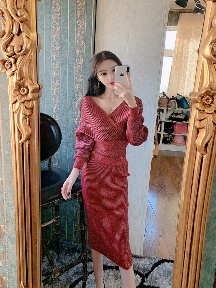 Women Maxi Dress Autumn and Winter Long-Sleeved Knitted V-neck Sexy Top Hip Skirt Knitted Two-Piece
