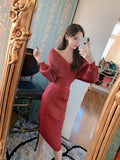 Women Maxi Dress Autumn and Winter Long-Sleeved Knitted V-neck Sexy Top Hip Skirt Knitted Two-Piece