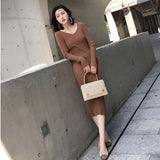 Women Maxi Dress Autumn and Winter V-neck Slim Knit Dress