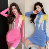 Women Maxi Dress Autumn and Winter Turtleneck Zipper Slim Fit Hip Knitwear Dress