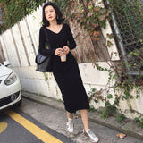 Women Maxi Dress Autumn and Winter V-neck Slim Knit Dress