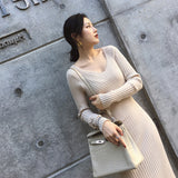 Women Maxi Dress Autumn and Winter V-neck Slim Knit Dress