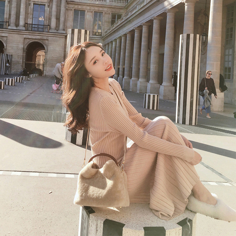 Women Maxi Dress Autumn and Winter Long Sleeve Sweater Long Dress Sheath Dress
