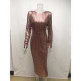 Women's Evening Gown Sexy V-neck Striped Sequined Long Sleeve Dress Mid-Length Dress