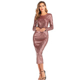 Women's Evening Gown Sexy V-neck Striped Sequined Long Sleeve Dress Mid-Length Dress