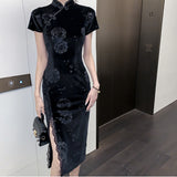 Women Maxi Dress Autumn Lace Sheath Cheongsam Dress