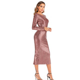 Women's Evening Gown Sexy V-neck Striped Sequined Long Sleeve Dress Mid-Length Dress