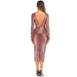 Women's Evening Gown Sexy V-neck Striped Sequined Long Sleeve Dress Mid-Length Dress
